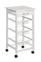 White kitchen trolley with a smooth top surface, a single drawer, and four open wire baskets for storage. The trolley is mounted on four wheels for easy mobility