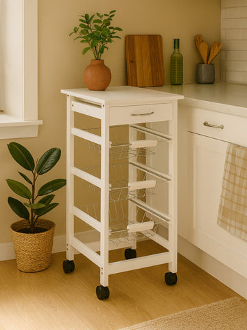 White veneer finish kitchen trolley with a single drawer and open shelving, positioned in a bright kitchen space. The trolley features four wheels for mobility and is accompanied by a potted plant and kitchen items in the background