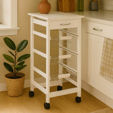 White veneer finish kitchen trolley with a single drawer and multiple open shelves, positioned next to a potted plant in a bright kitchen setting. The trolley features four wheels for mobility and a simple, modern design
