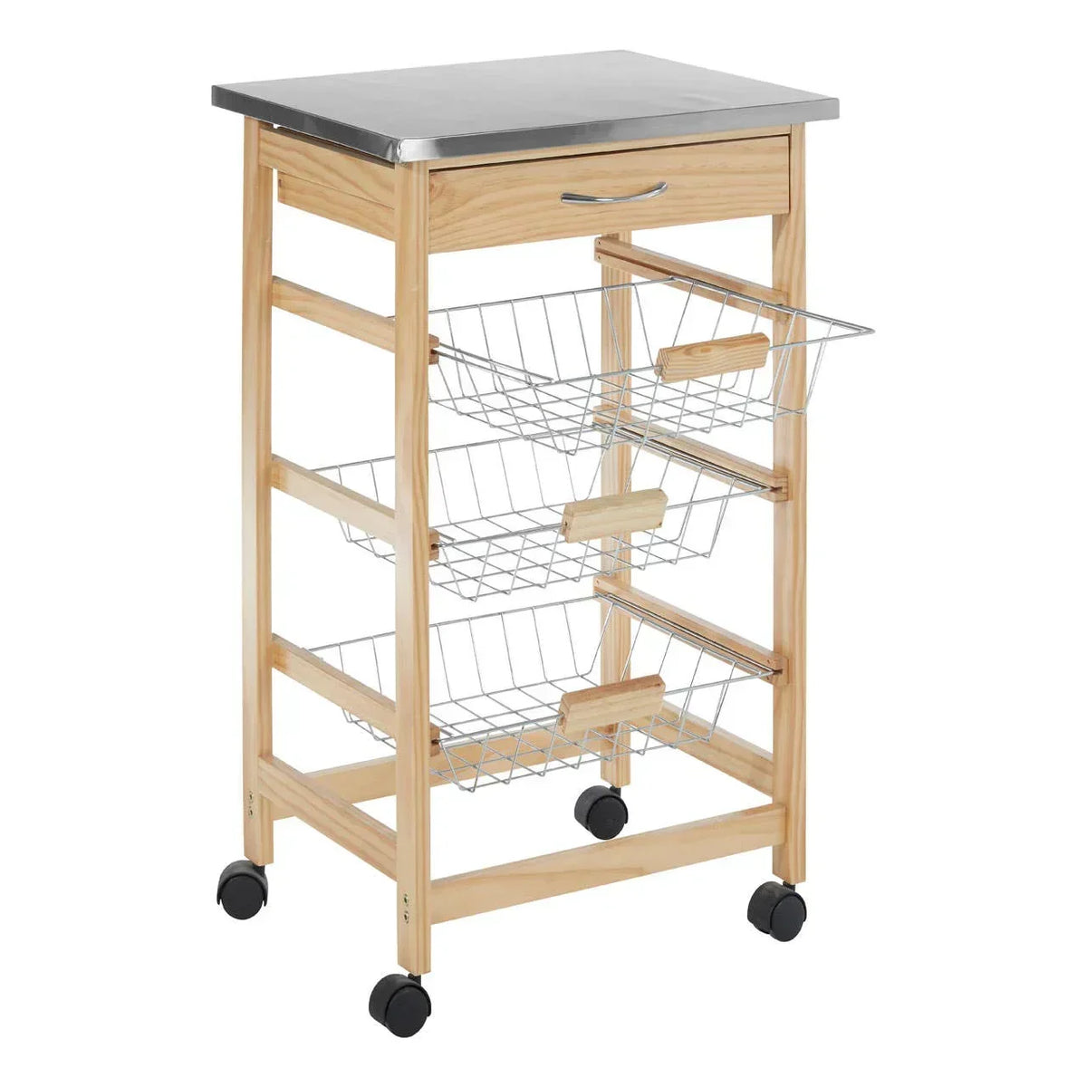 Wood kitchen trolley with stainless steel top, three wire baskets, drawer, and wheels
