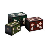 Set of storage trunks with velvet finish and decorative domino tile accents