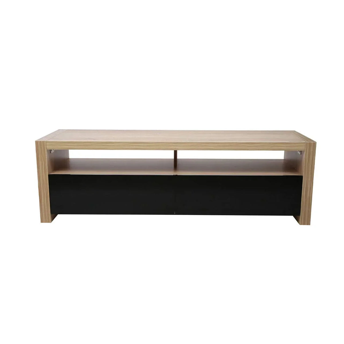 Modern wood TV stand with open shelf and black storage drawers, front view