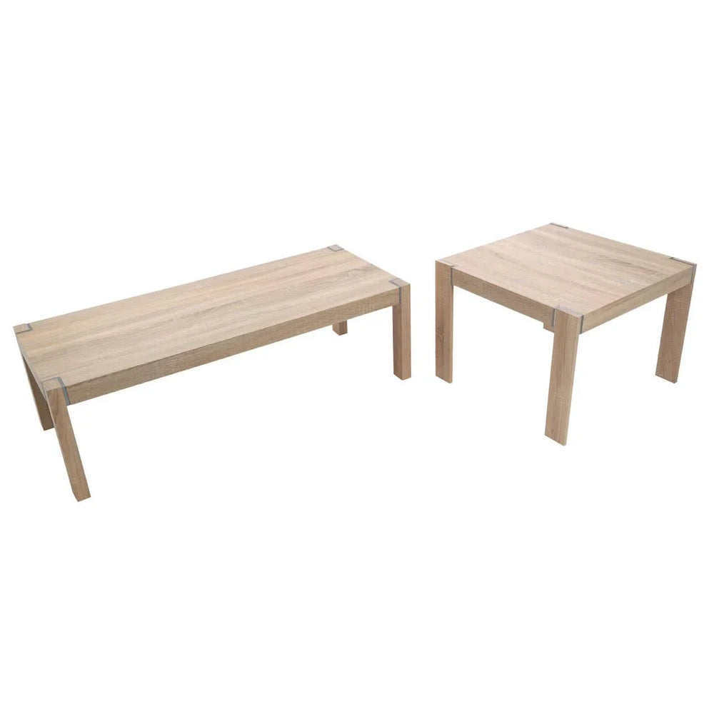 Light oak coffee table and matching side table set with metal corner accents