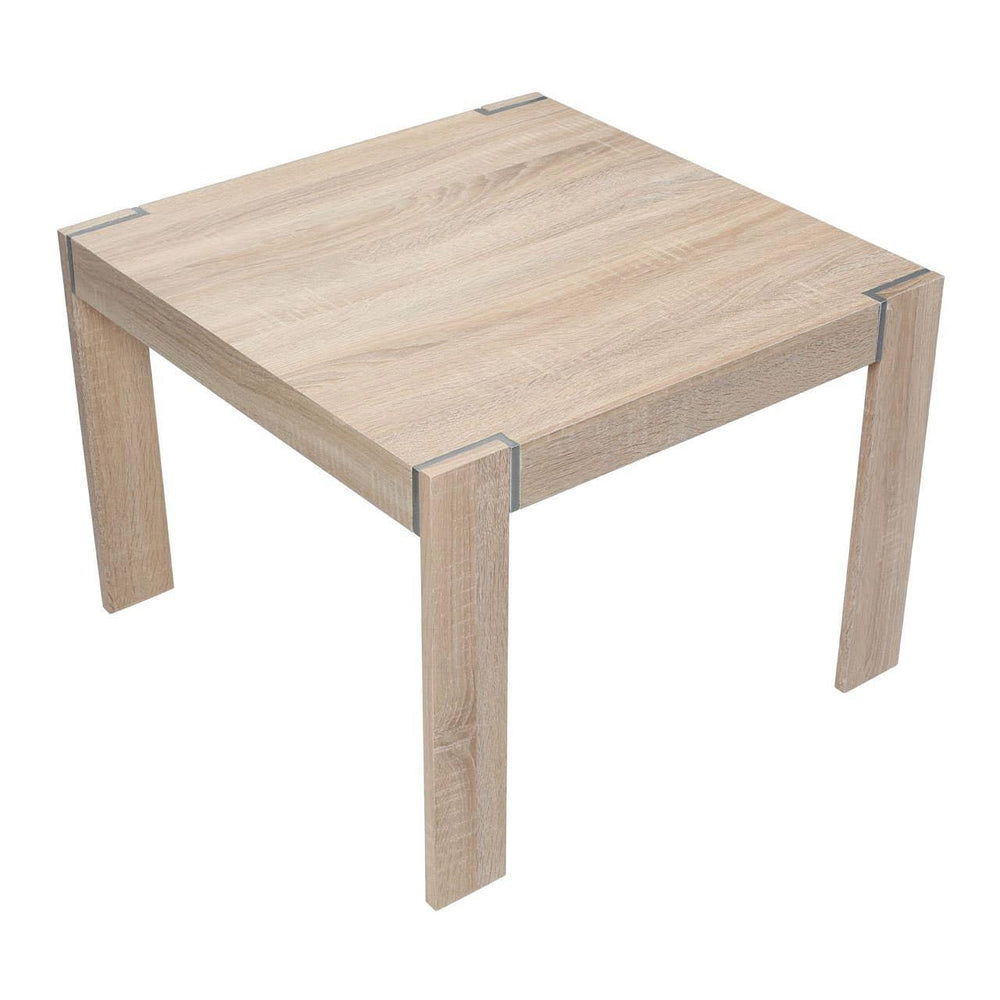 Light wood square coffee table with metal corner accents on white background