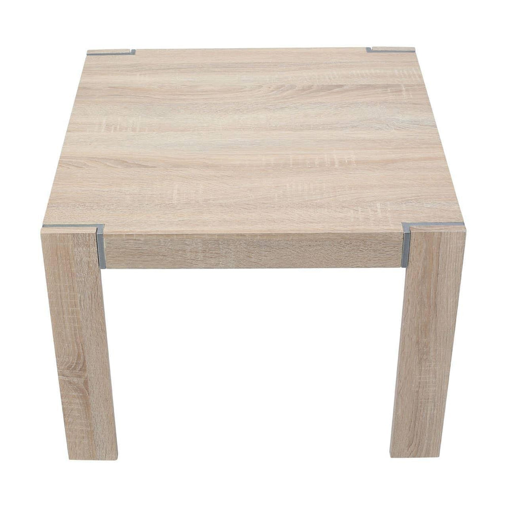 Light oak square coffee table with metal corner accents, front view