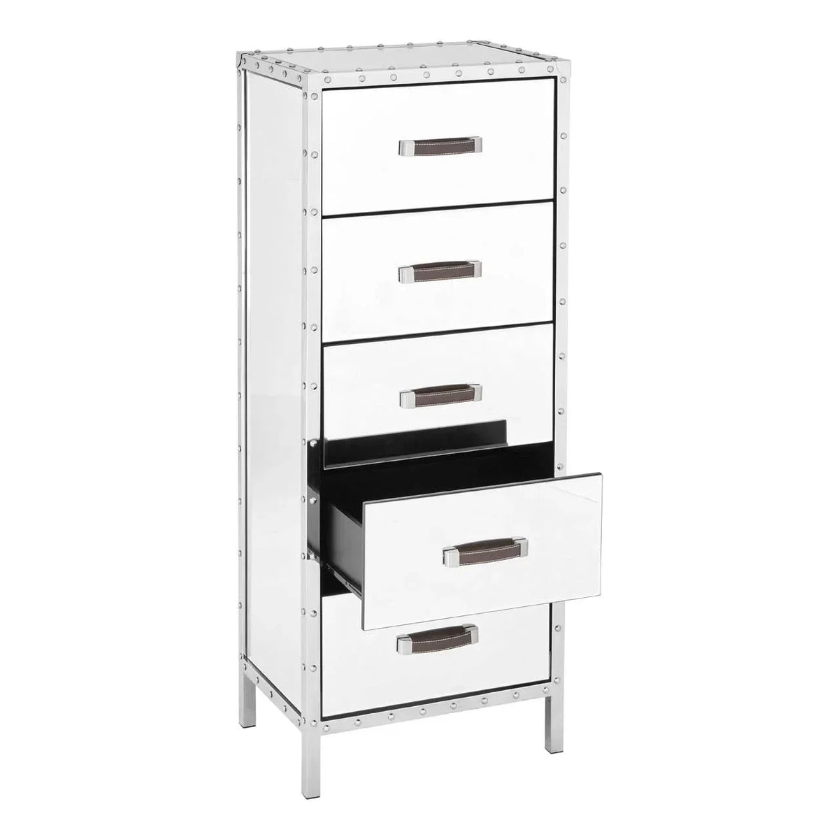 Mirrored tall chest of drawers with metal handles, one drawer partially open