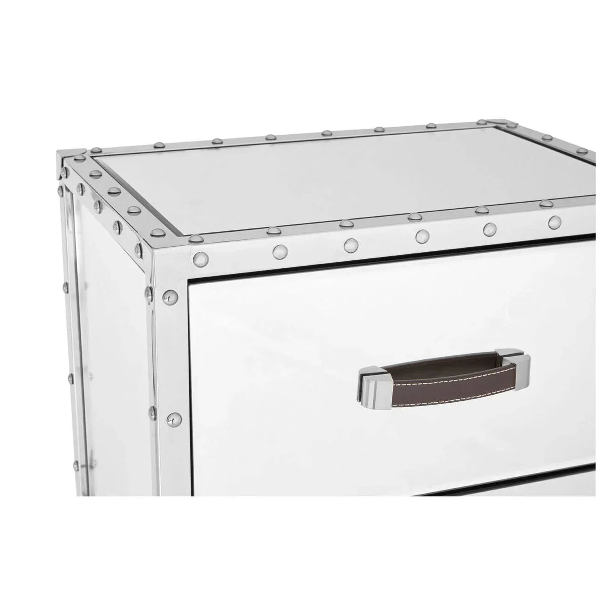 Chrome metal storage drawer with rivet detail and brown leather handle close-up
