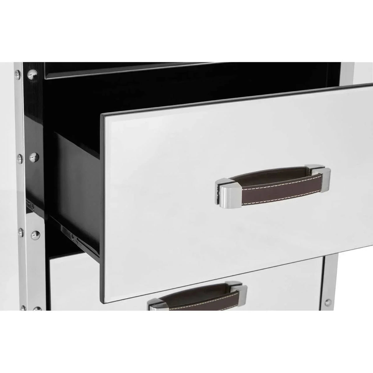 Mirrored chest of drawers with open drawer and stitched leather handles