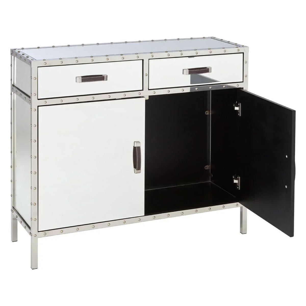 Mirrored sideboard cabinet with metal rivet trim, two drawers and open door revealing storage