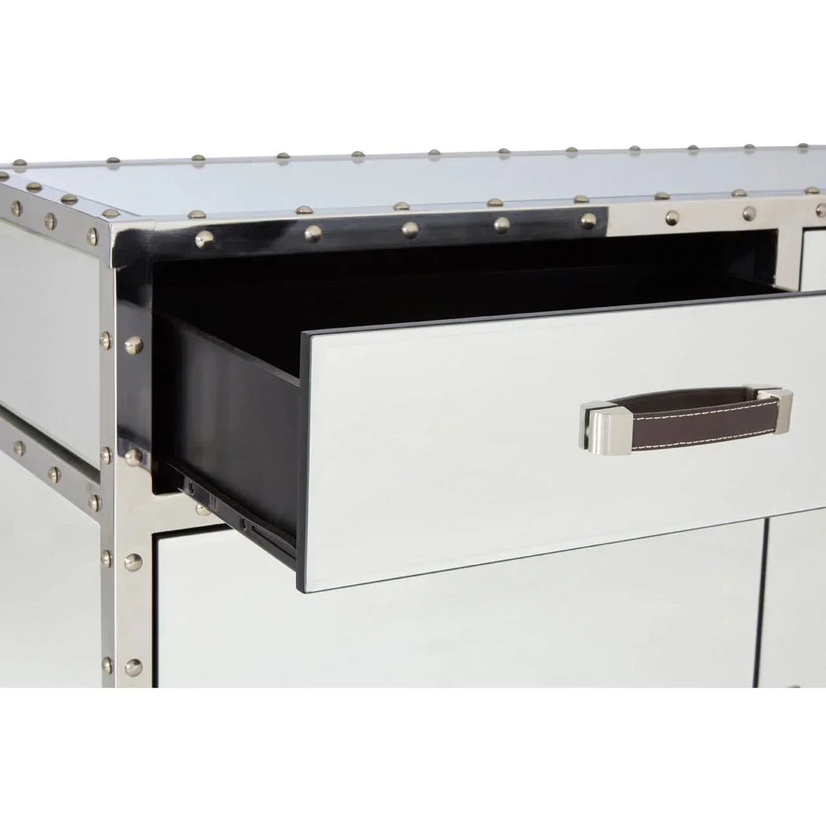 Mirrored drawer unit with studded metal trim and leather handle, partially open drawer view