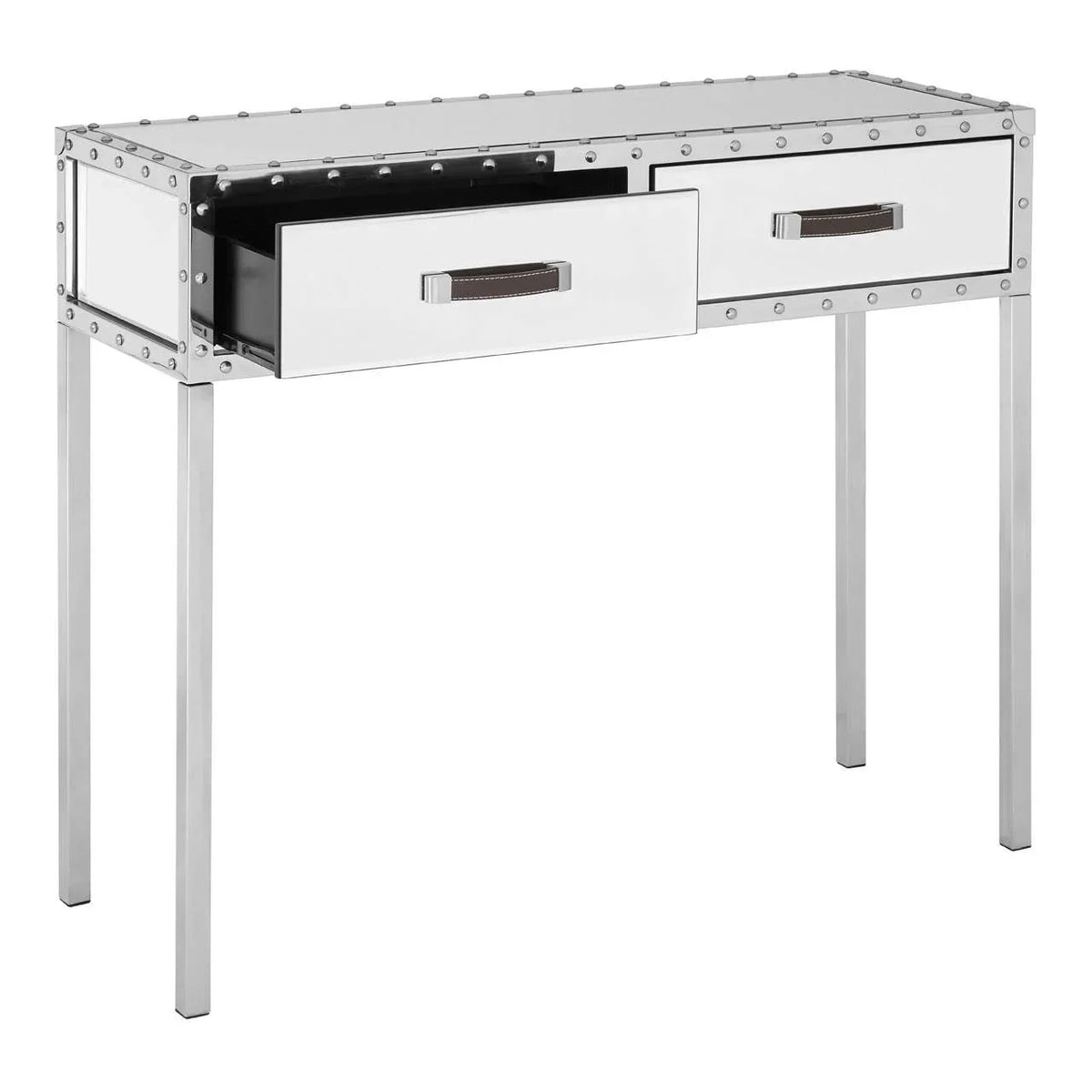Chrome console table with rivet detail and two drawers, one drawer partially open