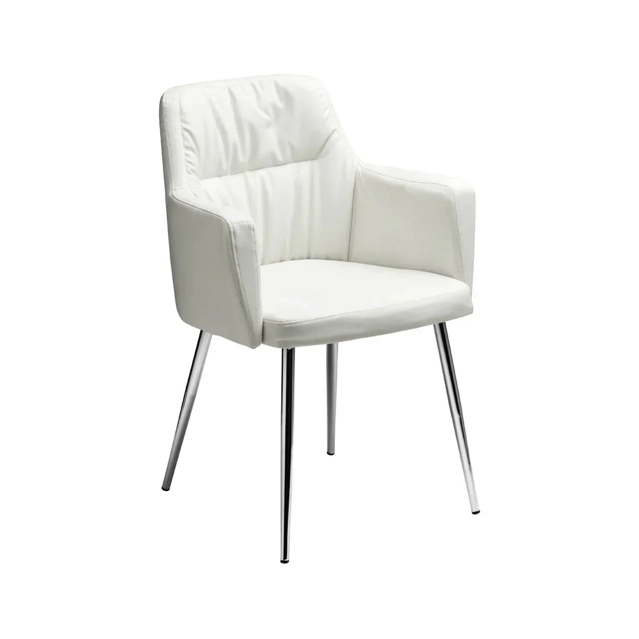 White faux leather dining chair with armrests and chrome legs, angled front view