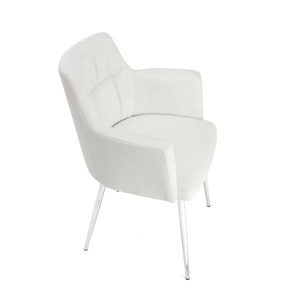 White accent chair with padded seat, curved backrest and slim metal legs on white background