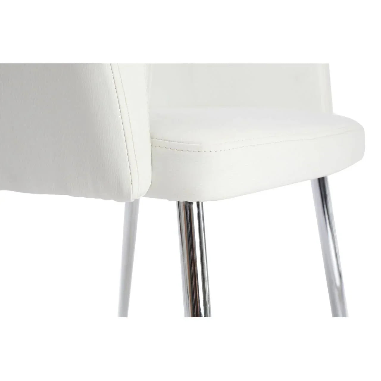 White dining chair with chrome legs and stitched faux leather upholstery, close-up view