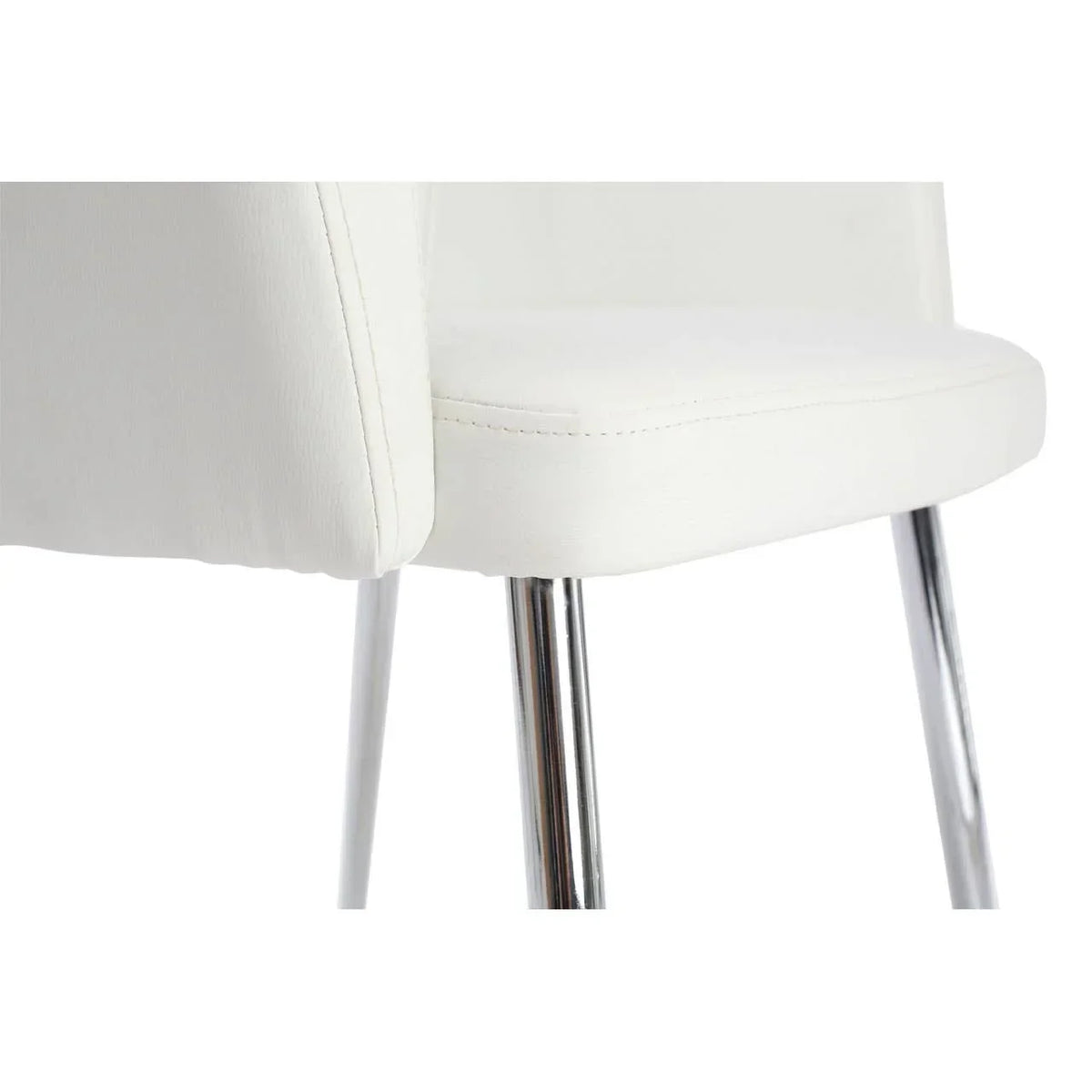 White dining chair with chrome legs and stitched faux leather upholstery, close-up view