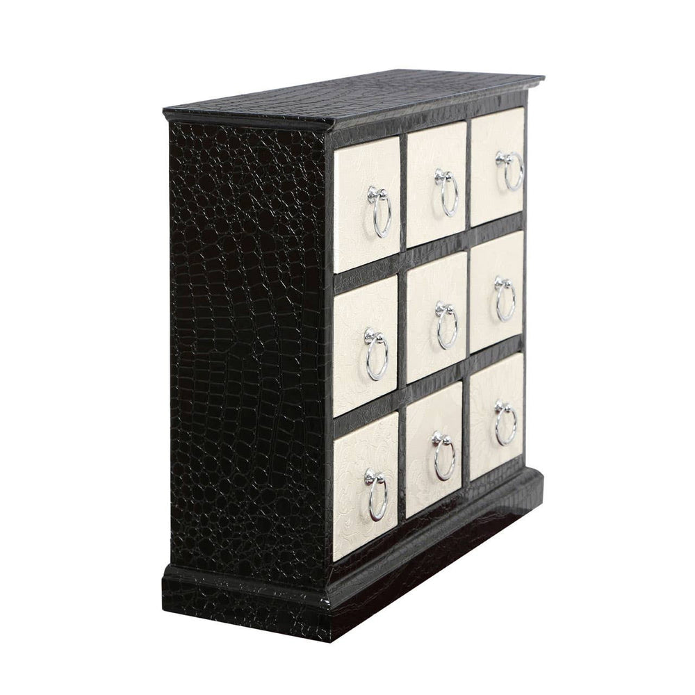 Rectangular cabinet featuring a crocodile leather effect design, with nine drawers arranged in a 3x3 grid. The cabinet has a sleek black finish and a sturdy base, providing a stylish storage solution for home decor