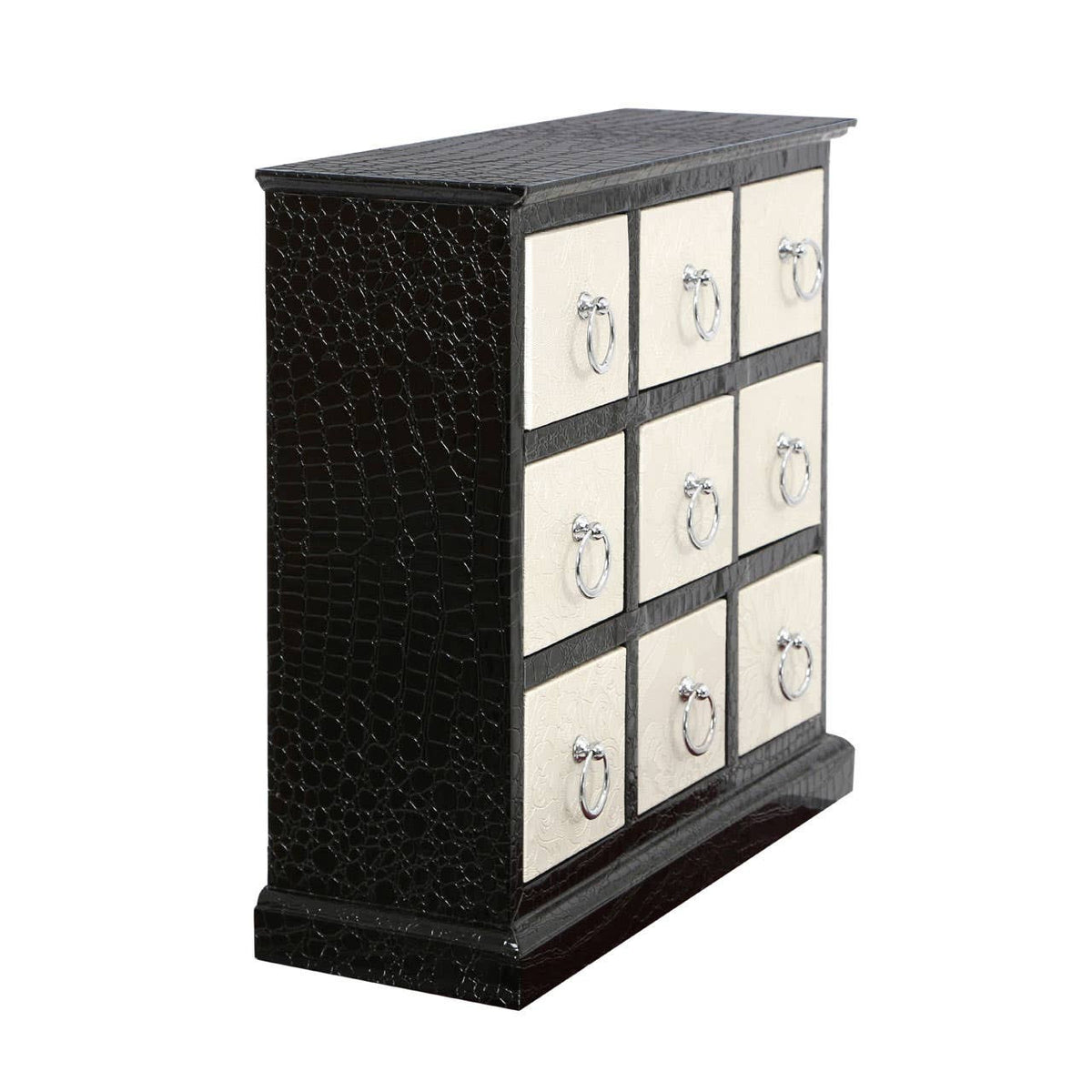 Rectangular cabinet featuring a crocodile leather effect design, with nine drawers arranged in a 3x3 grid. The cabinet has a sleek black finish and a sturdy base, providing a stylish storage solution for home decor