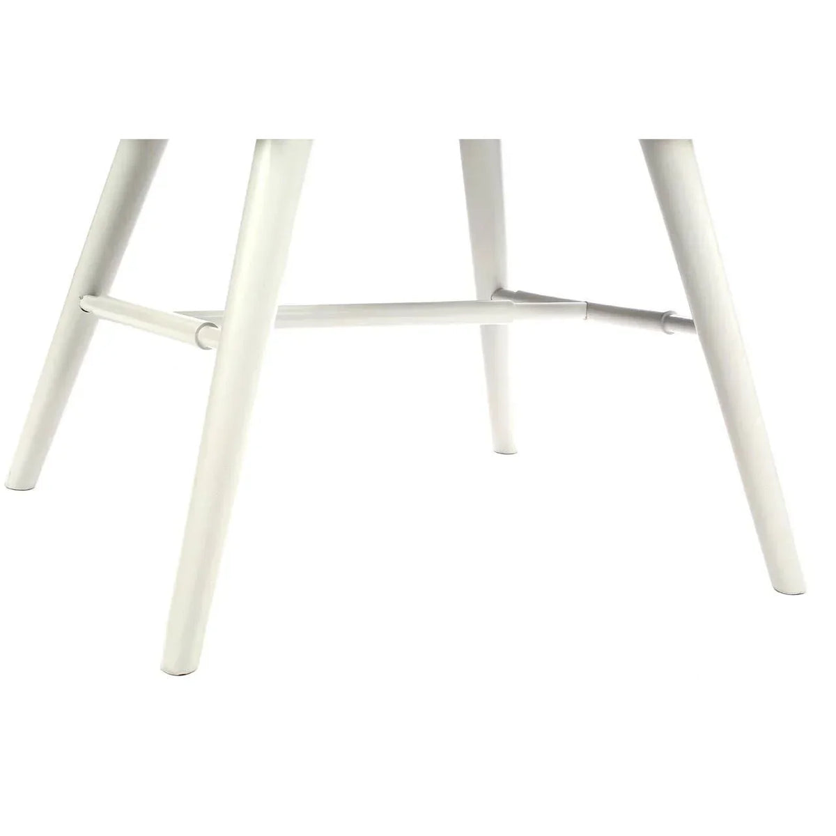 White metal chair legs with horizontal support bar, close-up furniture detail