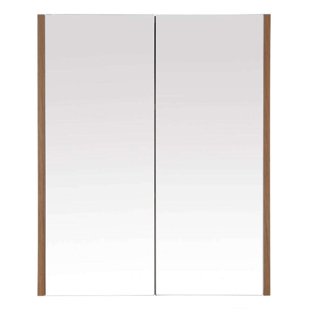 Two-door wall cabinet featuring a sleek oak effect finish with a smooth white surface on the doors. The cabinet has a minimalist design with clean lines and a modern aesthetic, complemented by wooden side accents