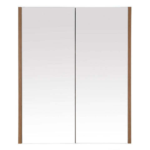 Two-door wall cabinet featuring a sleek oak effect finish with a smooth white surface on the doors. The cabinet has a minimalist design with clean lines and a modern aesthetic, complemented by wooden side accents