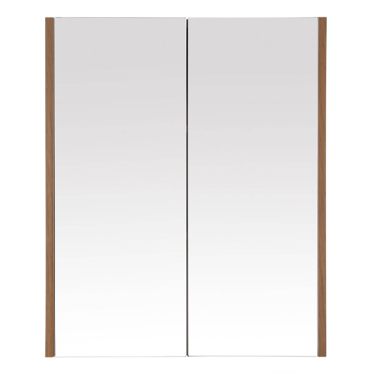 Two-door wall cabinet featuring a sleek oak effect finish with a smooth white surface on the doors. The cabinet has a minimalist design with clean lines and a modern aesthetic, complemented by wooden side accents