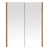 Two-door wall cabinet featuring a sleek oak effect finish with a smooth white surface on the doors. The cabinet has a minimalist design with clean lines and a modern aesthetic, complemented by wooden side accents