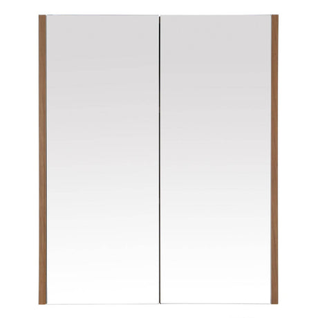 Two-door wall cabinet featuring a sleek oak effect finish with a smooth white surface on the doors. The cabinet has a minimalist design with clean lines and a modern aesthetic, complemented by wooden side accents