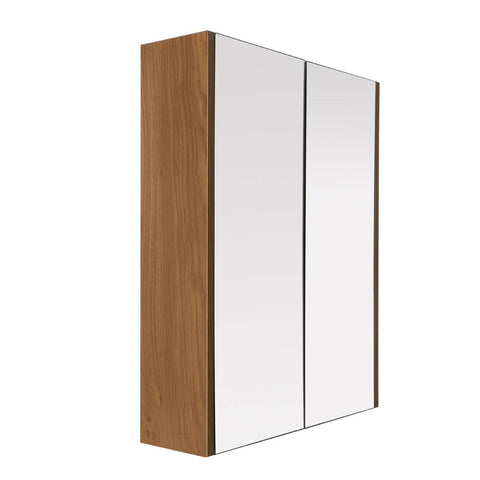Two-door wall cabinet featuring a sleek oak effect finish on the sides and a smooth, reflective surface on the doors, designed for modern home decor. The cabinet has a minimalist design with clean lines and a contemporary aesthetic