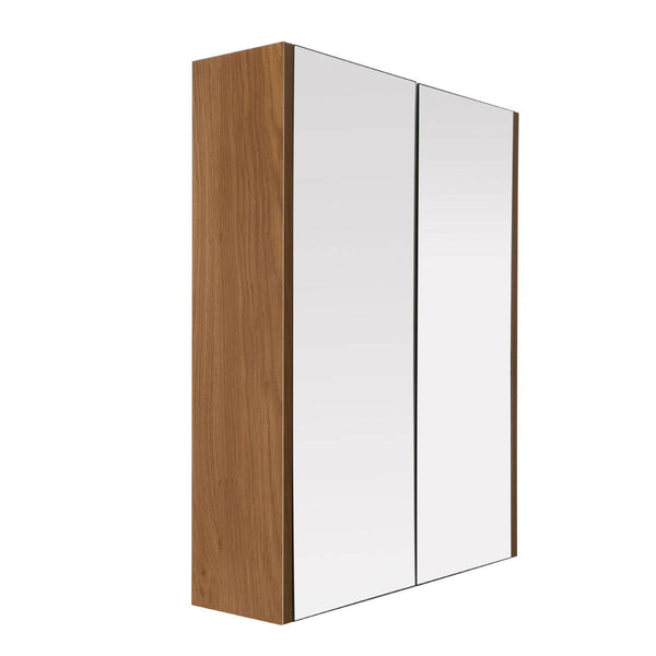 Two-door wall cabinet featuring a sleek oak effect finish on the sides and a smooth, reflective surface on the doors, designed for modern home decor. The cabinet has a minimalist design with clean lines and a contemporary aesthetic