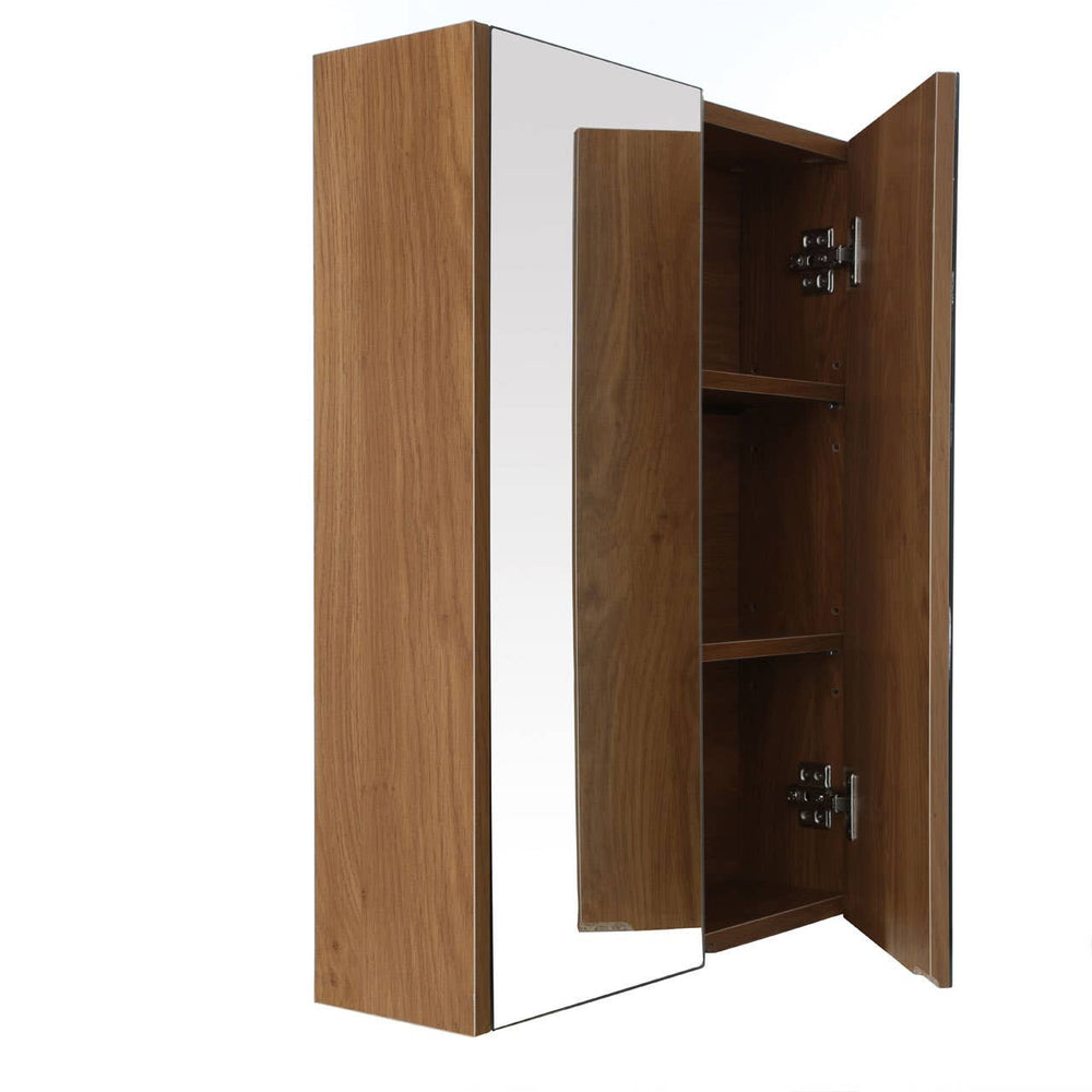 Two-door wall cabinet with an oak effect finish, featuring a mirrored front and two interior shelves. The cabinet is designed for wall mounting and showcases a sleek, modern aesthetic