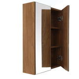 Two-door wall cabinet with an oak effect finish, featuring a mirrored front and two interior shelves. The cabinet is designed for wall mounting and showcases a sleek, modern aesthetic