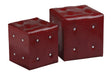 Two red stools with a crocodile leather effect, featuring a glossy finish and decorative silver studs on the sides. The stools are cube-shaped, with one being slightly larger than the other