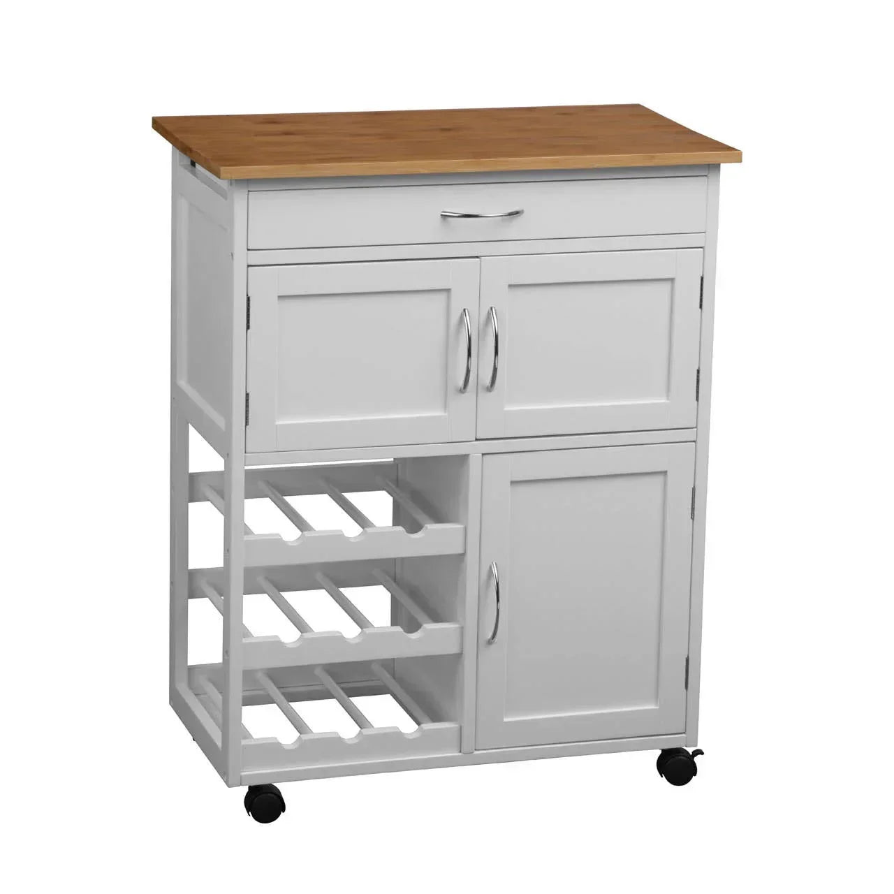 White kitchen trolley with wooden top, wine racks, cabinets, drawer and caster wheels