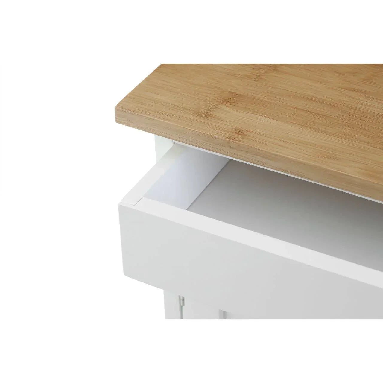 White wooden side table with open drawer and natural wood top