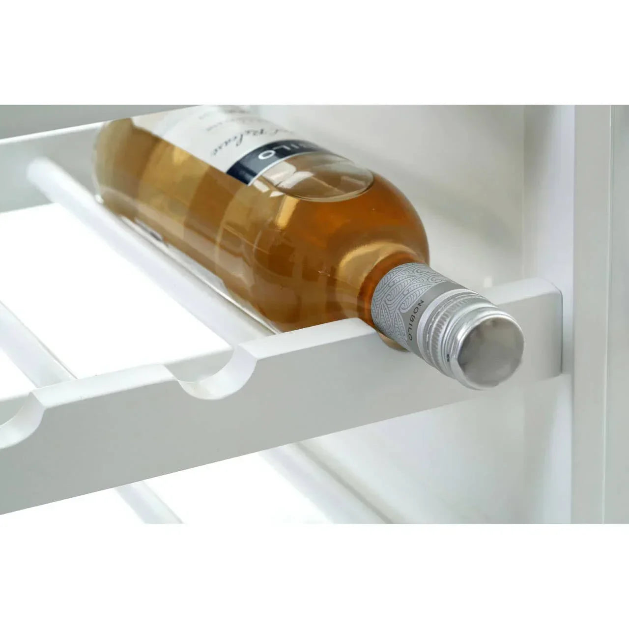 White wooden wine rack shelf holding a single bottle of white wine securely