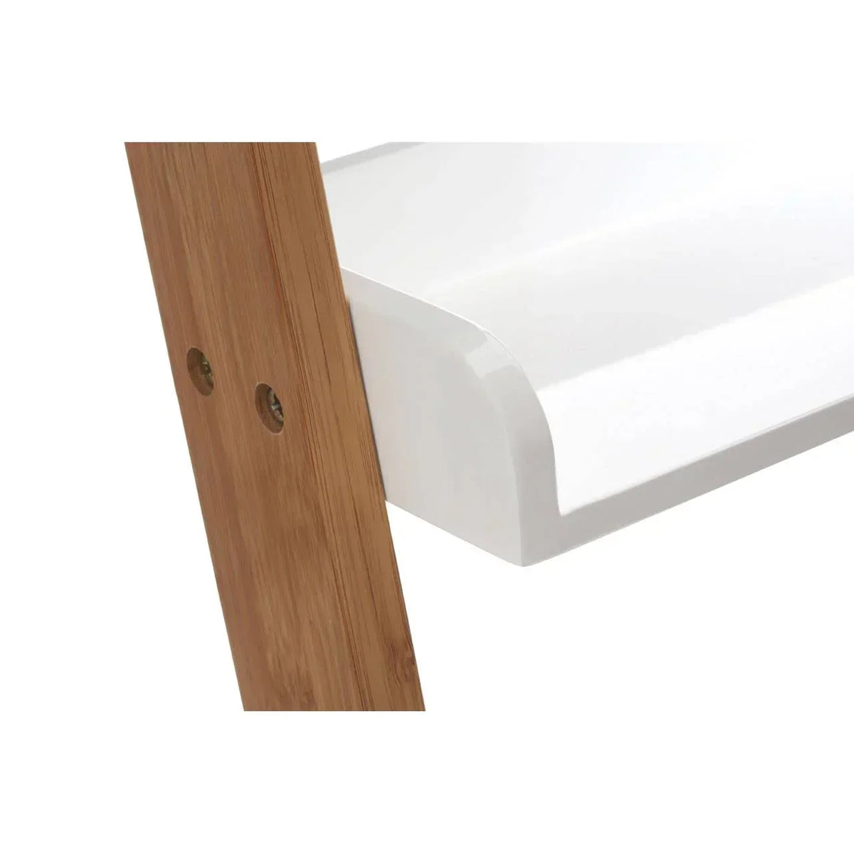 Close-up of wooden frame and white shelf corner on modern furniture unit