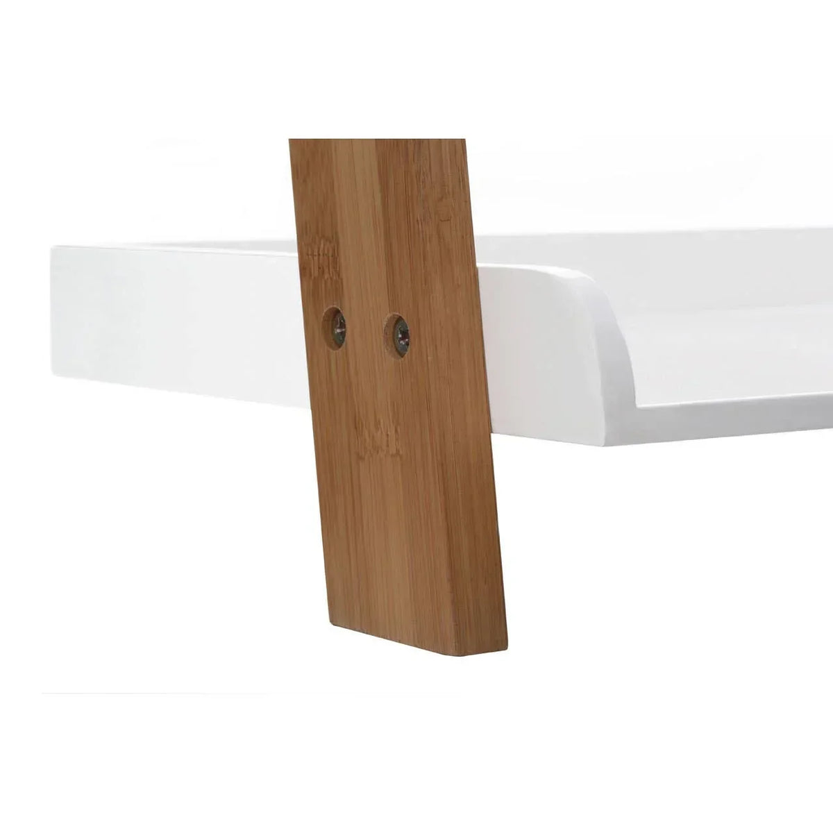 White tabletop with angled wooden leg and metal screw detail, close-up view