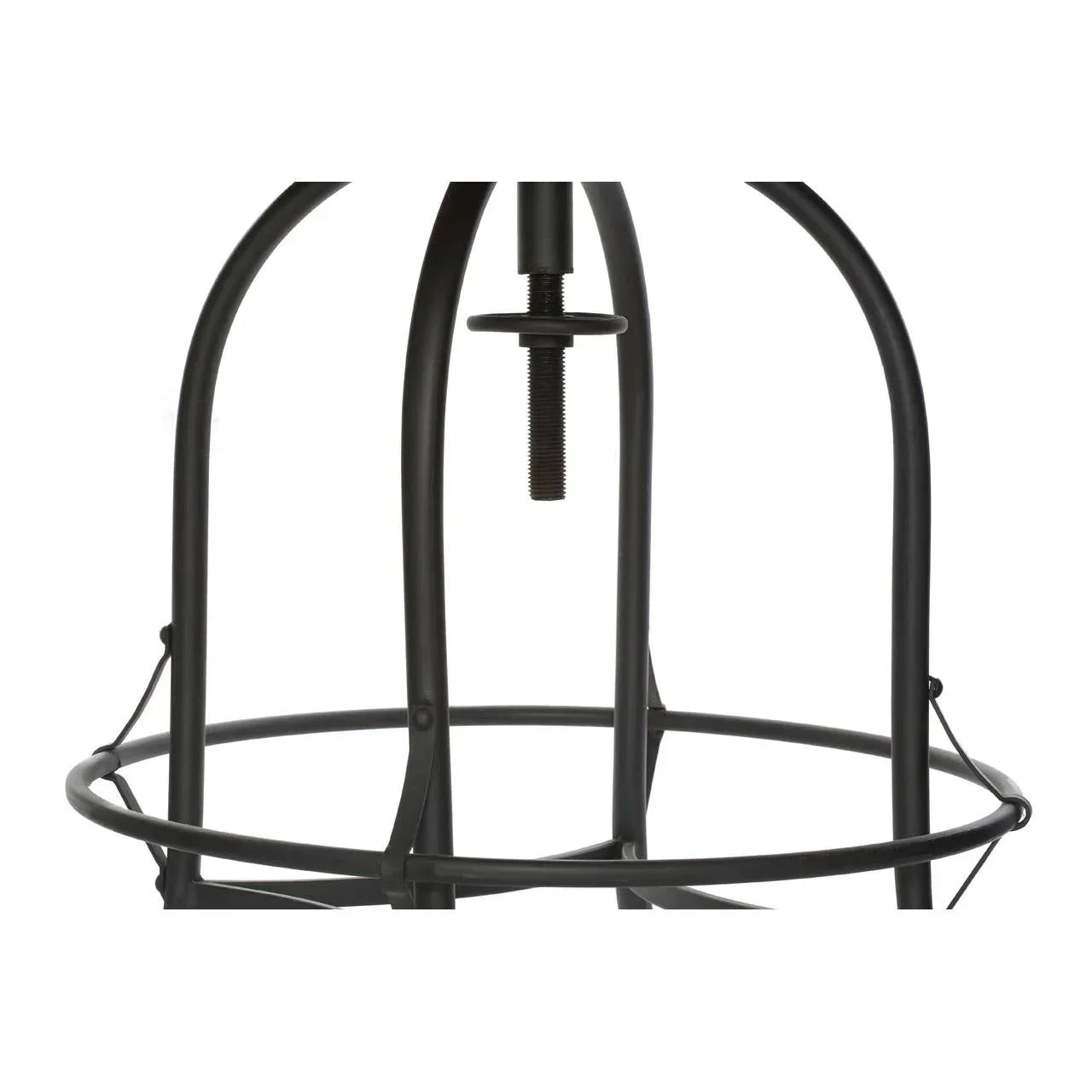 Black metal lamp shade frame with circular base and exposed screw fitting detail