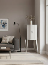 A sleek stainless steel two-door cabinet stands in a modern living room, featuring a minimalist design with clean lines. The cabinet is positioned next to a gray sofa adorned with decorative pillows, and a floor lamp casts soft light nearby. A piece of abstract artwork hangs on the wall, complementing the neutral color palette of the room, which includes a light-colored rug and large windows allowing natural light to fill the