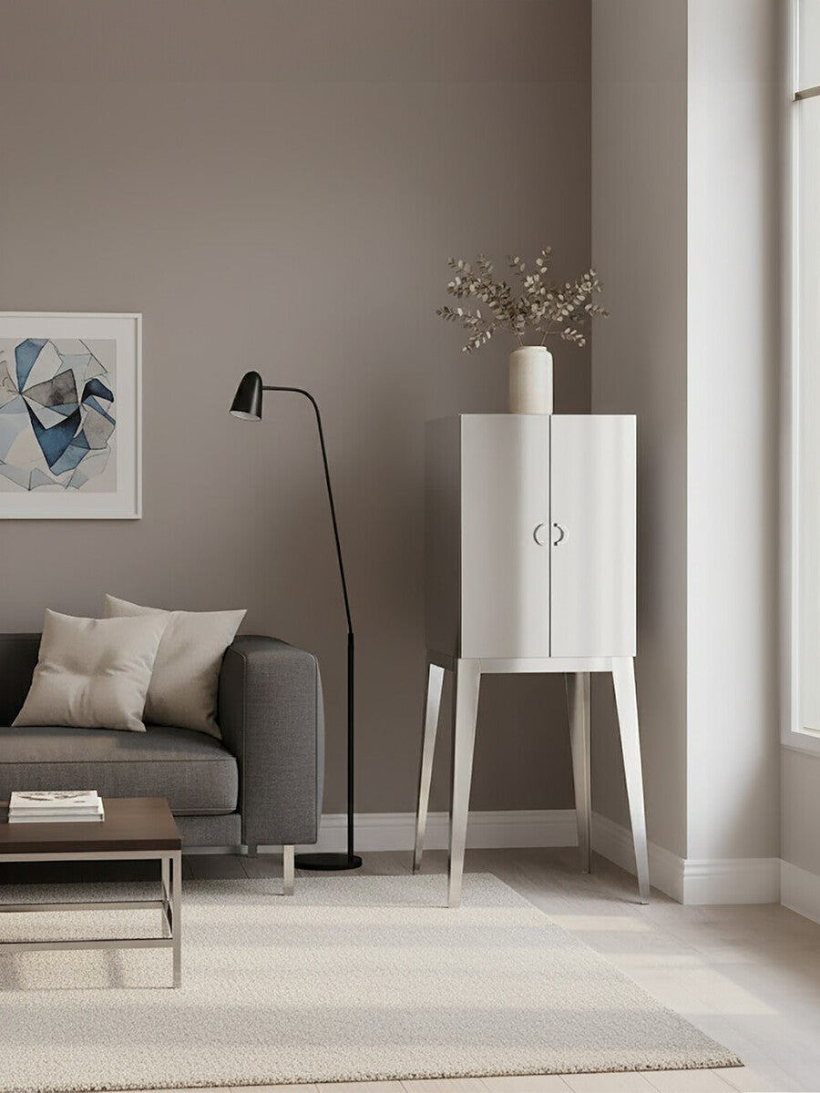 A sleek stainless steel two-door cabinet stands in a modern living room, featuring a minimalist design with clean lines. The cabinet is positioned next to a gray sofa adorned with decorative pillows, and a floor lamp casts soft light nearby. A piece of abstract artwork hangs on the wall, complementing the neutral color palette of the room, which includes a light-colored rug and large windows allowing natural light to fill the