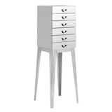 Tall mirrored chest of drawers with six handles and slim legs for bedroom storage