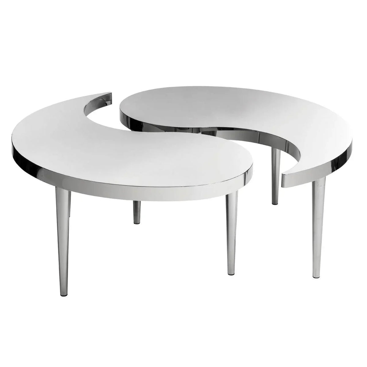 Pair of modern stainless steel coffee tables with curved crescent shapes and slim legs