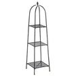 A tall, black metal shelf unit with three open tiers, featuring a curved top and a minimalist design, suitable for displaying decorative items or plants. The shelves have a grid pattern and are supported by slender legs