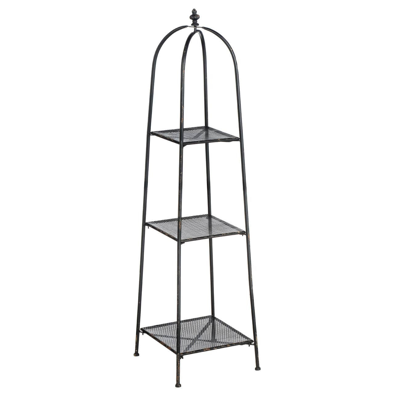 A tall, black metal shelf unit with three open tiers, featuring a curved top and a minimalist design, suitable for displaying decorative items or plants. The shelves have a grid pattern and are supported by slender legs