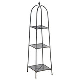 A tall, black metal shelf unit with three open tiers, featuring a curved top and a minimalist design, suitable for displaying decorative items or plants. The shelves have a grid pattern and are supported by slender legs