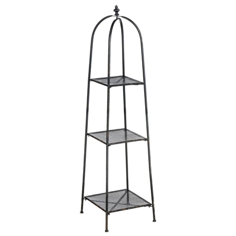 A tall, black metal shelf unit with three open tiers, featuring a curved top and a minimalist design, suitable for displaying decorative items or plants. The shelves have a grid pattern and are supported by slender legs