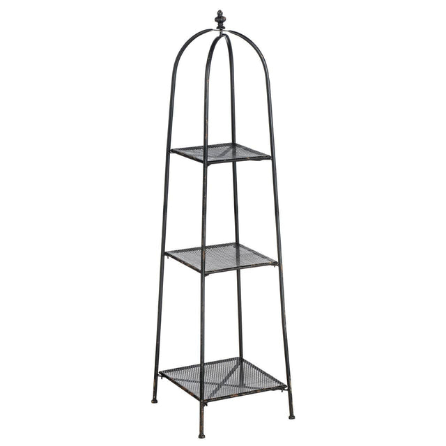 A tall, black metal shelf unit with three open tiers, featuring a curved top and a minimalist design, suitable for displaying decorative items or plants. The shelves have a grid pattern and are supported by slender legs