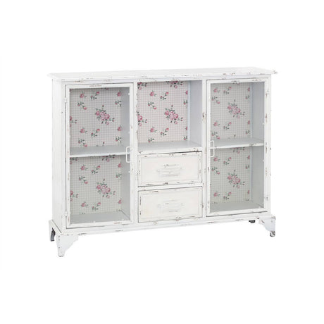 White cabinet featuring two doors and two drawers, with a floral pattern on the glass panels of the doors. The cabinet has a sleek design and stands on four legs, providing a modern touch to home decor