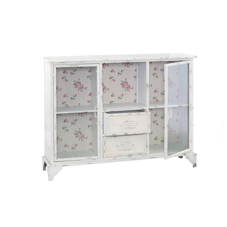 A white cabinet featuring two doors and two drawers, with a floral pattern on the glass panels. The cabinet has a sleek design with tapered legs and a modern aesthetic, suitable for home decor