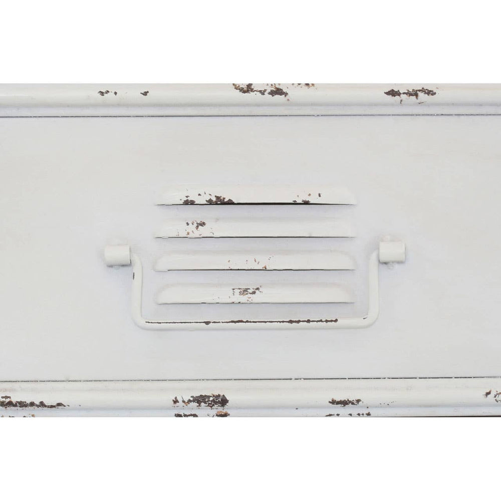 A white cabinet featuring two doors and two drawers, with a smooth surface and minimalist design. The cabinet has simple, modern handles on the drawers and a clean, contemporary aesthetic suitable for various home decor styles